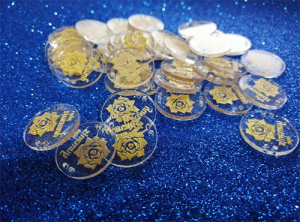 clear with gold lettering