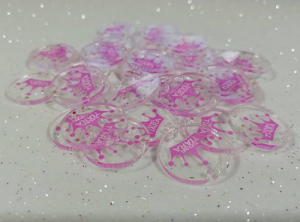 pink logo with clear lettering